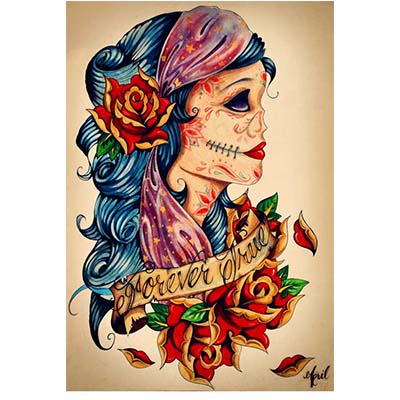 Mexican Sugar Skull Lady Design Fake Temporary Water Transfer Tattoo Stickers NO.10469